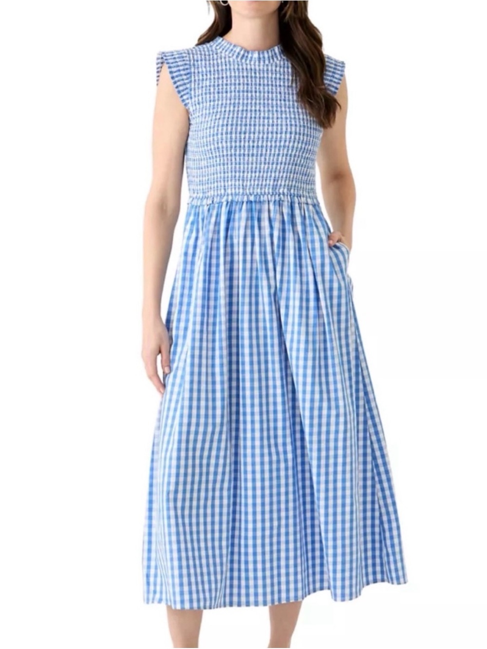 crown & ivy Blue Gingham Smocked Midi Dress